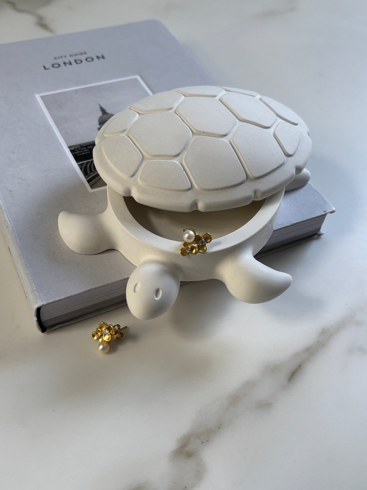 Concrete Tortoise Trinket Box with Lid | White Minimalist Home Decor