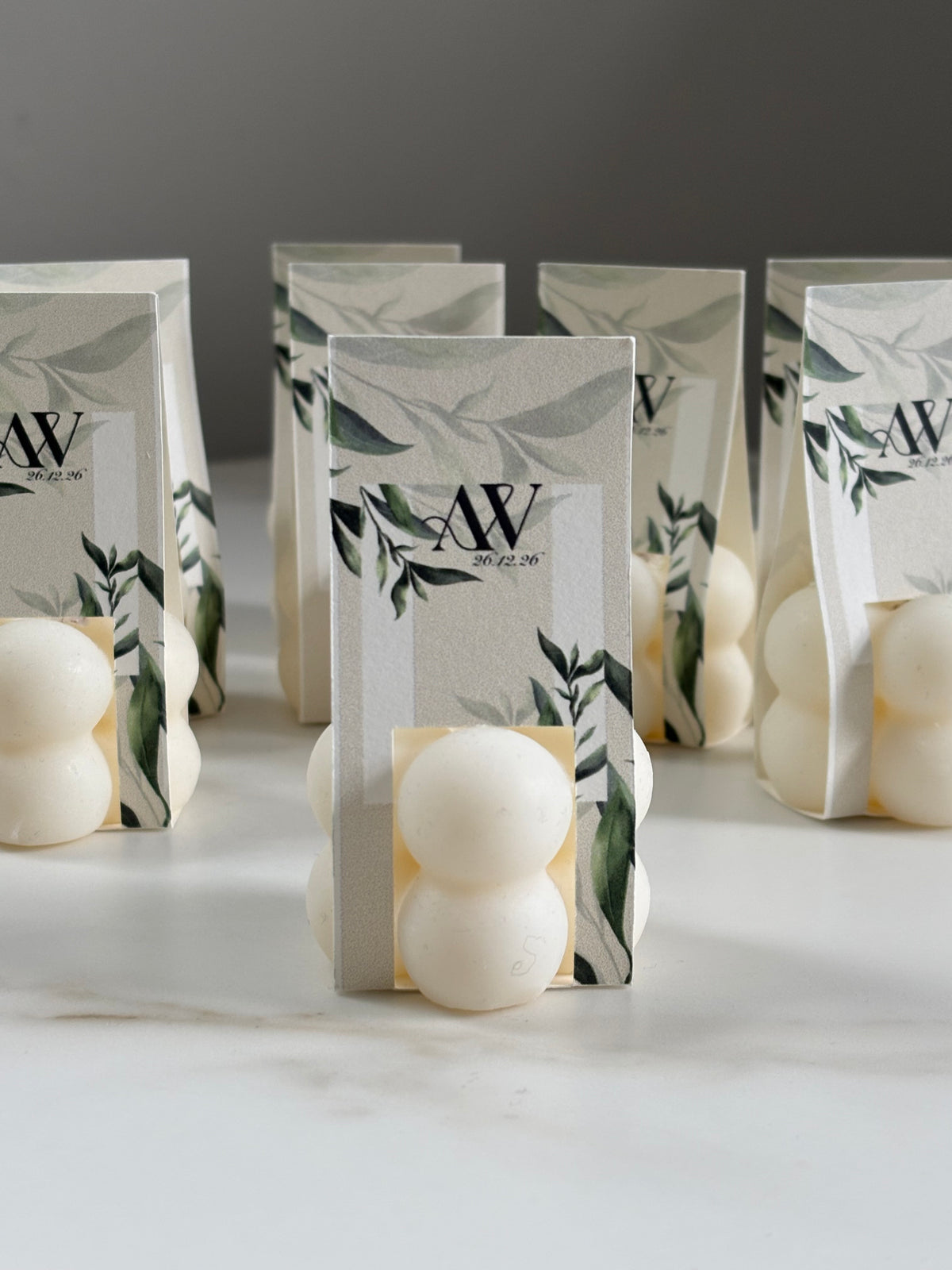 Personalised Botanical Wedding Favours | Mini Bubble Candles