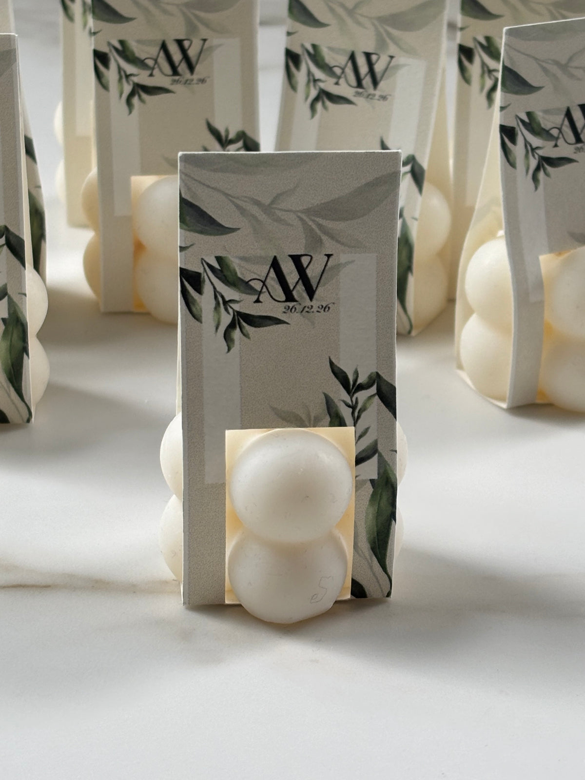 Personalised Botanical Wedding Favours | Mini Bubble Candles